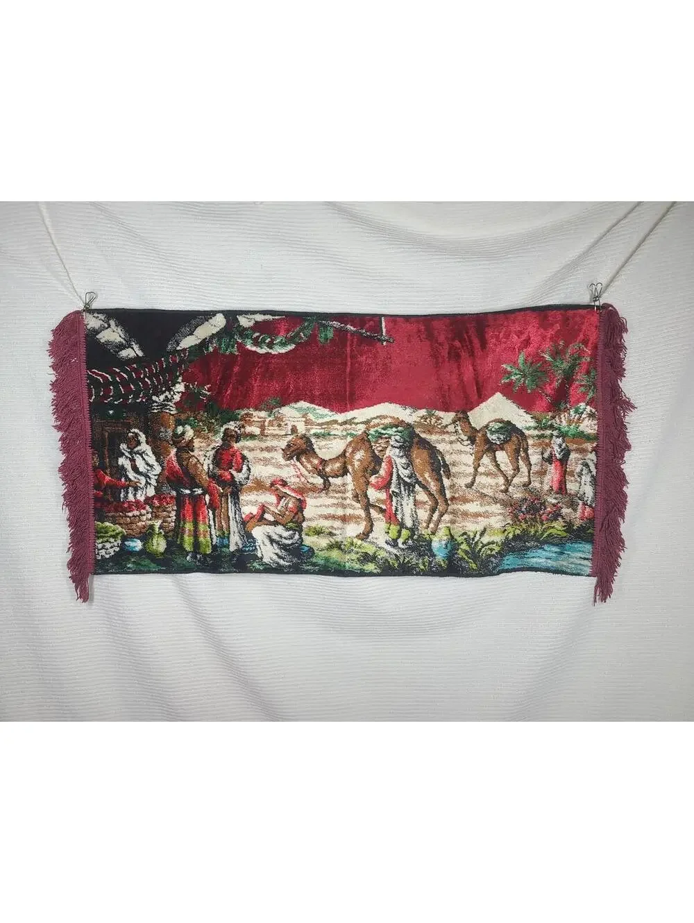 Vtg Velvet Tapestry Woven Cotton Wall Art 44x20” Rectangle Desert Scene Camels